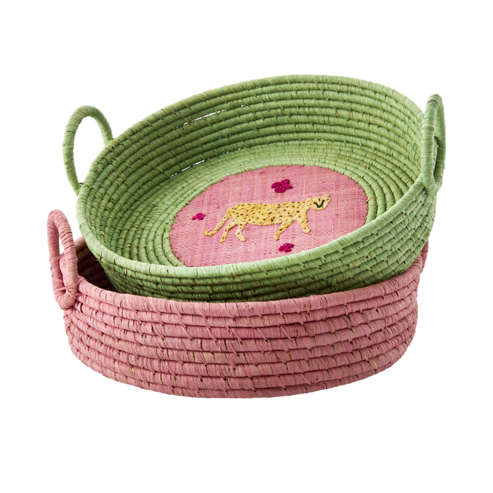 Round Raffia Bread Basket Embroidered Leopard or Flowers Rice DK